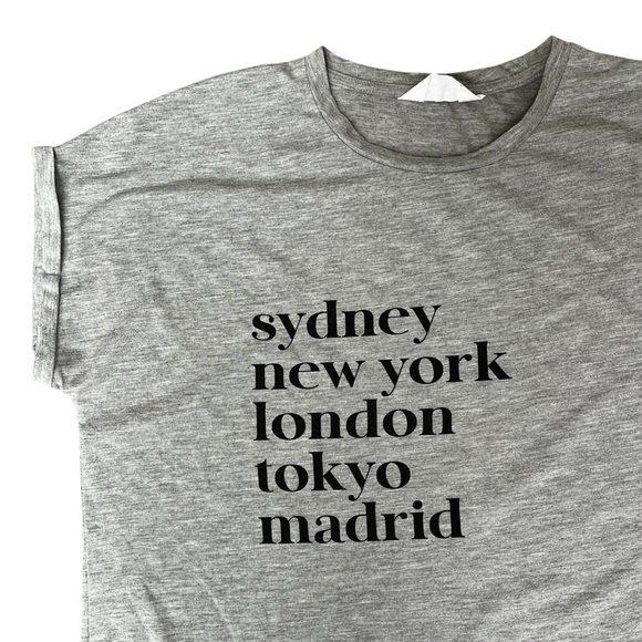 Women’s Large Gray Soft Pajama Shirt Cities listed on front Sleepwear - Picture 1 of 7